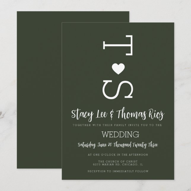 Olive Green Typography Heart Wedding  Invitation (Front/Back)