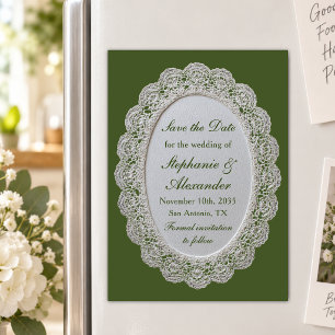 Olive Green Vintage Lace Wedding Save the Date Magnetic Invitation