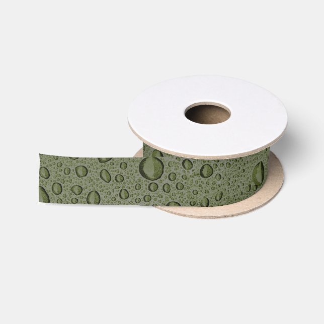 Olive green water droplets satin ribbon (Spool)