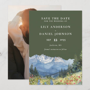 Olive Green Watercolor Mountain Photo Wedding Save The Date