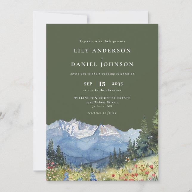 Olive Green Watercolor Mountain QR Code Wedding Invitation (Front)