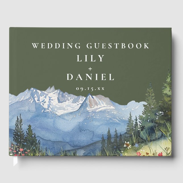 Olive Green Watercolor Mountain Wedding Photo Guest Book (Front)