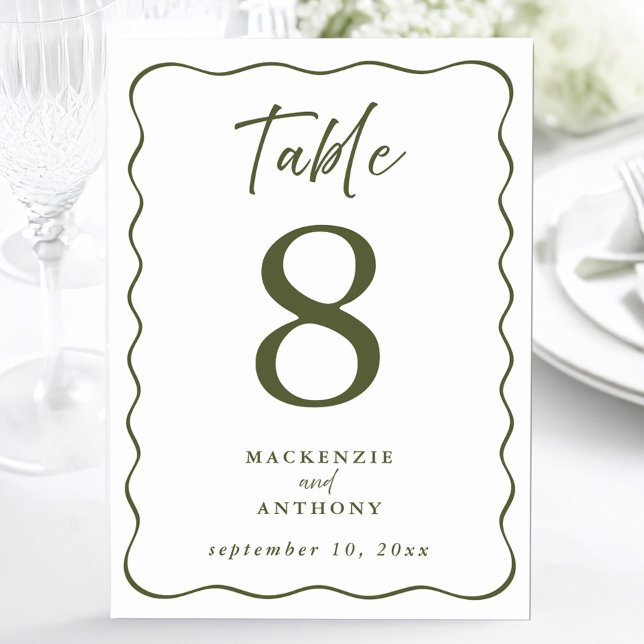 Olive Green Wavy Frame Wedding Modern Script Table Number (Olive Green Wavy Frame Wedding Modern Script Table Number)
