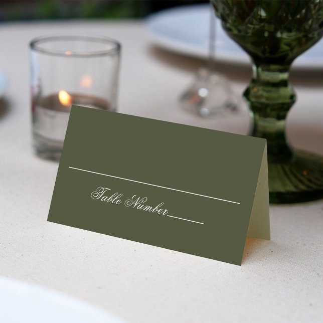 Olive Green Wedding Guest Table Number  Place Card (Olive green wedding place card with stylish calligraphy script. )