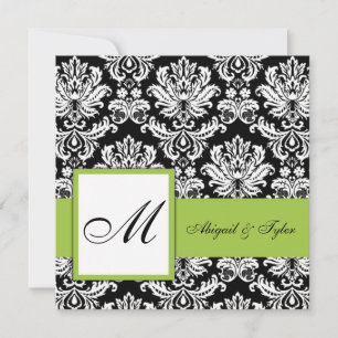Olive Green Wedding Monogram Damask Invitation