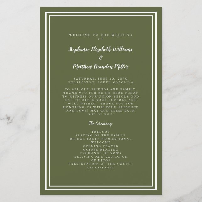Olive Green Wedding Script Budget Ceremony Program (Front)