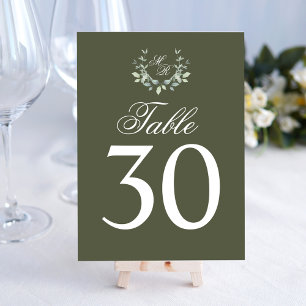 Olive Green Wedding Table Number Monogram Motif