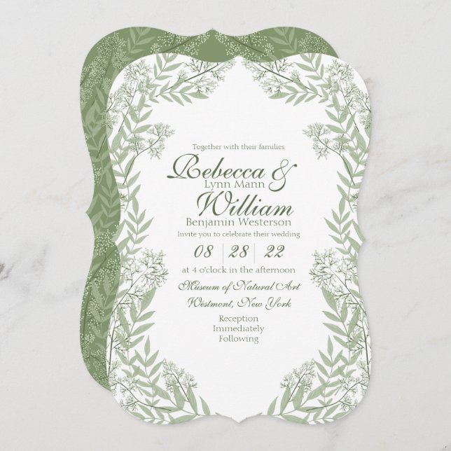 Olive Green Wedding Vintage Botanical Invitation (Front/Back)