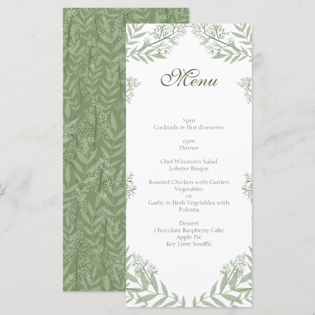 Olive Green Wedding Vintage Botanical Menu (Front/Back)