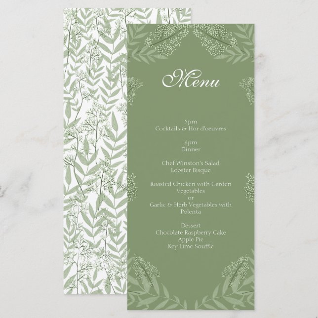 Olive Green Wedding Vintage Botanical Menu (Front/Back)