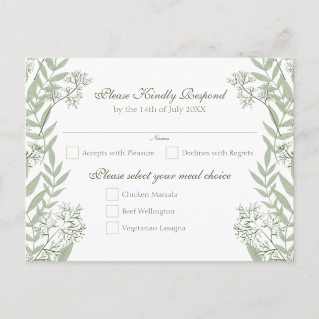 Olive Green Wedding Vintage Postcard RSVP (Front)