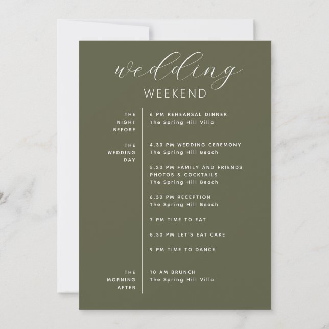 Olive Green Wedding Weekend Timeline & Welcome Invitation (Back)