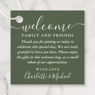 Olive Green Wedding Welcome Gift Basket Bag Favour Tags