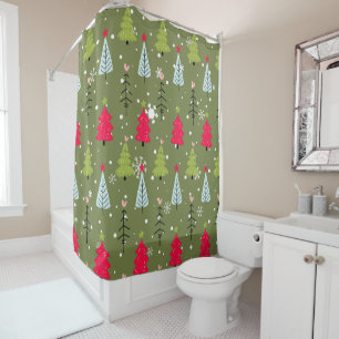 Olive Green Whimsical Christmas Tree Pattern Shower Curtain