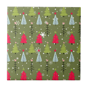 Olive Green Whimsical Christmas Tree Pattern Tile