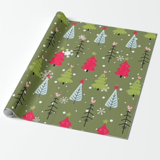 Olive Green Whimsical Christmas Tree Pattern Wrapping Paper (Unrolled)