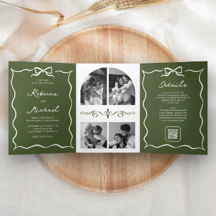 Olive Green White Bow QR Code Photo Wedding Tri-Fold Invitation