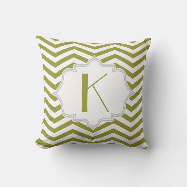 Olive green, white chevron zigzag pattern cushion (Front)
