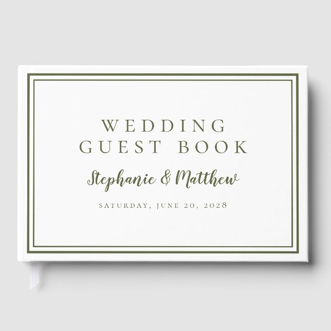 Olive Green & White Classic Simple Modern Wedding  Guest Book (Front)