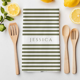 Olive Green & White Farmhouse Striped Pattern Tea Towel