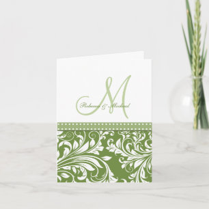 Olive Green & White Flora Damask Thank You! You Card