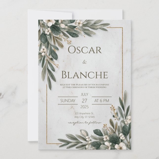 Olive Green & White Floral Minimalist Wedding Invitation (Front)