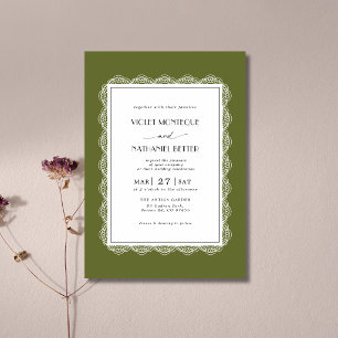 Olive Green White Lace Old Money Romantic Wedding Invitation
