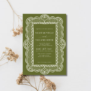 Olive Green & White Lace Old Money Rustic Wedding Invitation