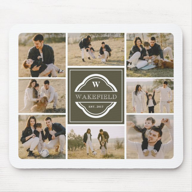 Olive Green White Monogram & Year Photo Collage Mouse Pad (Front)