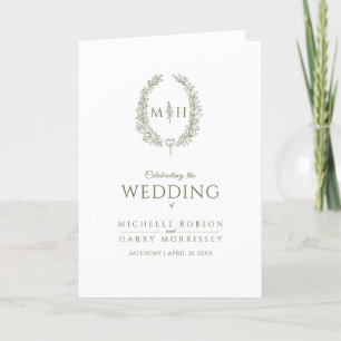 Olive green white oval leaf monogram art wedding programme