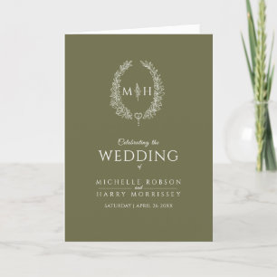 Olive green white oval leaf monogram art wedding programme
