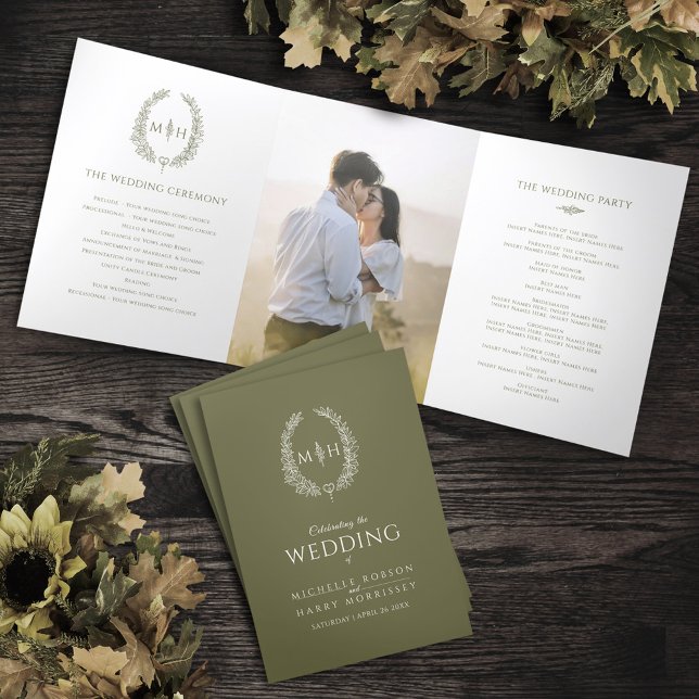 Olive green white oval leaf monogram wedding photo Tri-Fold programme (Creator Uploaded)