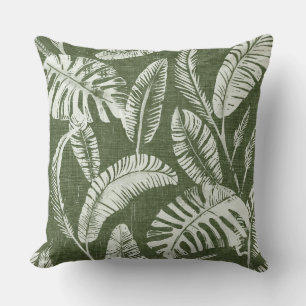 Olive Green White Palm Leaves Throw Pillow