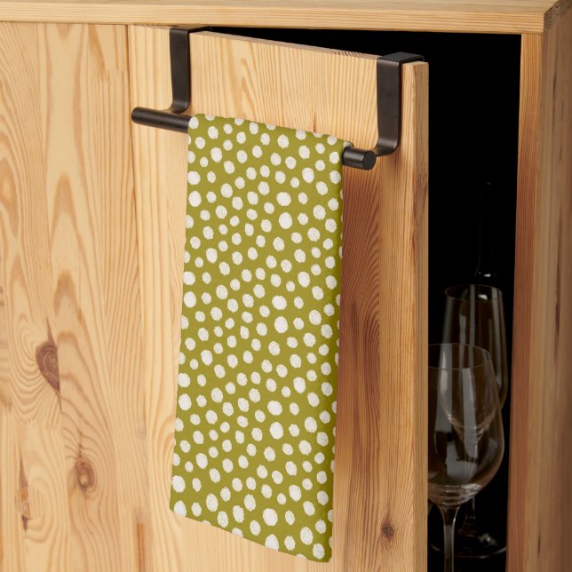 Olive Green White Polka Dot Pattern Tea Towel (Thirds Fold)