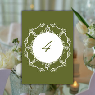 Olive Green White Round Lace Doily Retro Wedding Table Number