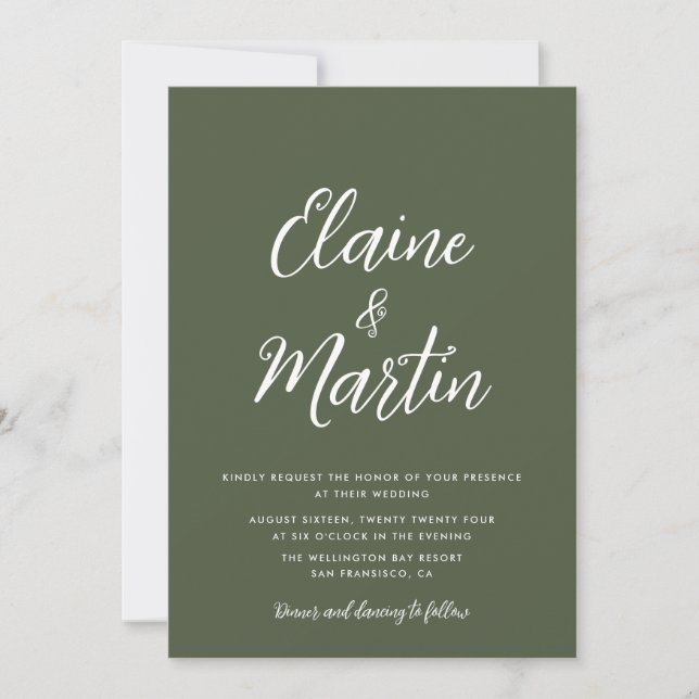 olive green white script wedding invitation (Front)
