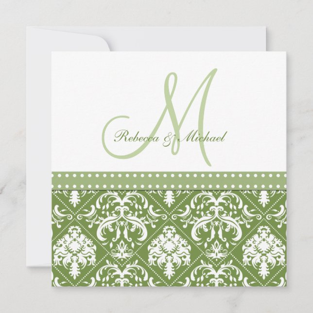 Olive Green & White vintage damask w/ monogram Invitation (Front)