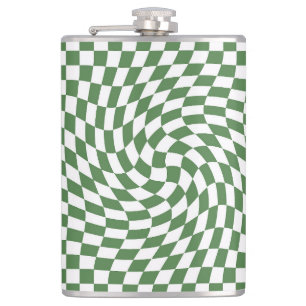 Olive Green & White Warped Chequered Pattern Hip Flask