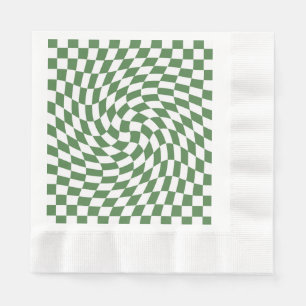 Olive Green & White Warped Chequered Pattern Napkin