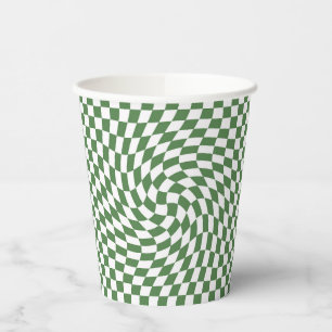 Olive Green & White Warped Chequered Pattern Paper Cups