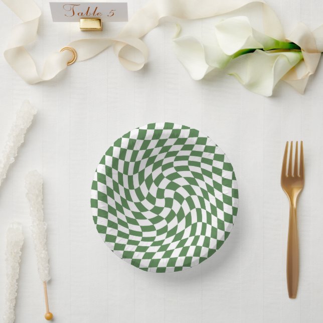 Olive Green & White Warped Chequered Pattern    Paper Plate (Wedding)