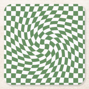 Olive Green & White Warped Chequered Pattern Square Paper Coaster