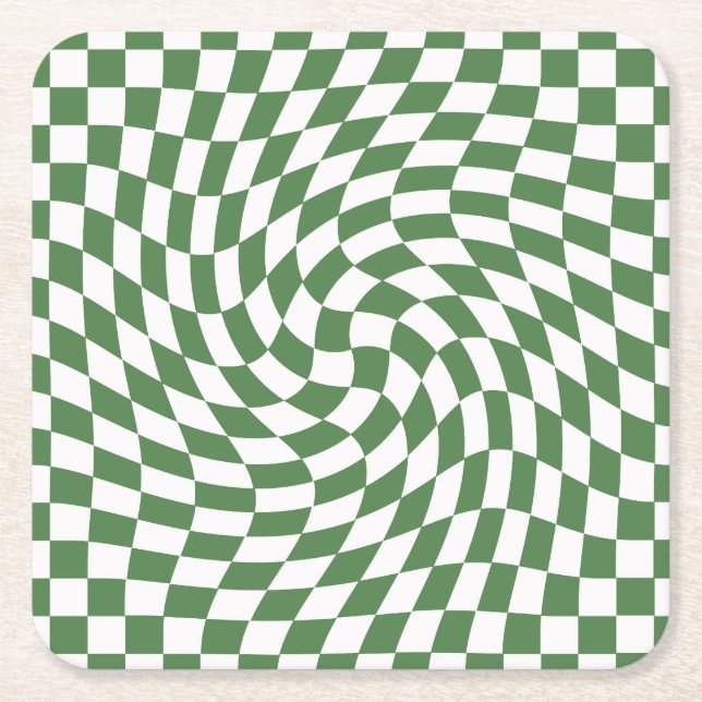 Olive Green & White Warped Chequered Pattern    Square Paper Coaster (Front)