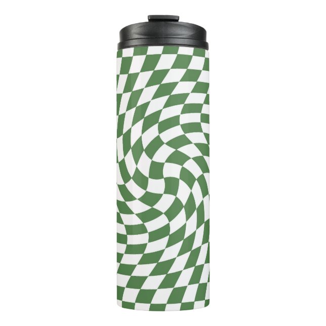 Olive Green & White Warped Chequered Pattern    Thermal Tumbler (Front)