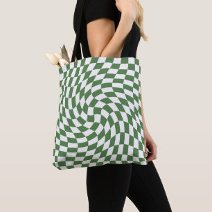 Olive Green & White Warped Chequered Pattern    Tote Bag