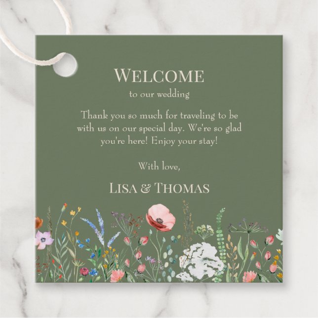 Olive Green Wildflower Meadow Wedding Welcome Tag (Front)