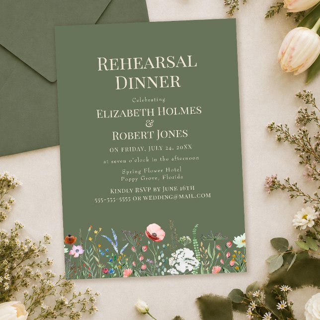 Olive Green Wildflower Rehearsal Dinner Invitation (Olive Green Wildflower Rehearsal Dinner Invitation with envelope and wildflowers)