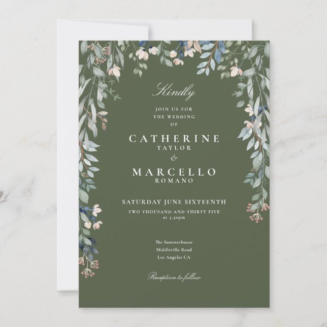 Olive Green Wildflowers Floral Greenery Wedding Invitation (Front)