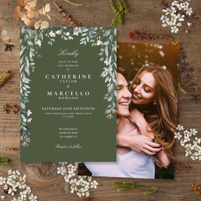 Olive Green Wildflowers Floral Photo Wedding Invitation (Olive Green Wildflowers Floral Photo Wedding Invitation)
