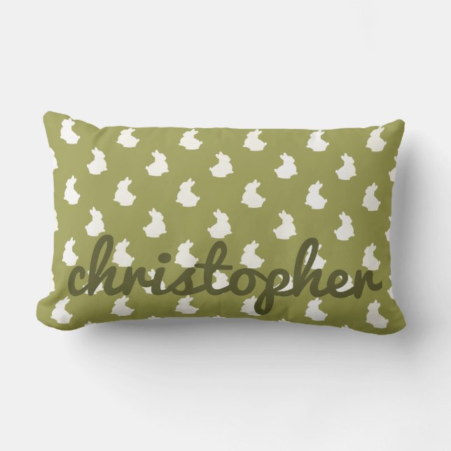 Olive Green Woodland Bunny Nursery Lumbar Cushion (Front)